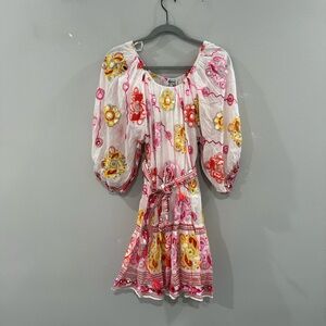 Juliet Dunn Dress Off The Shoulder Blouson Mini Cotton in Pink Orange Floral